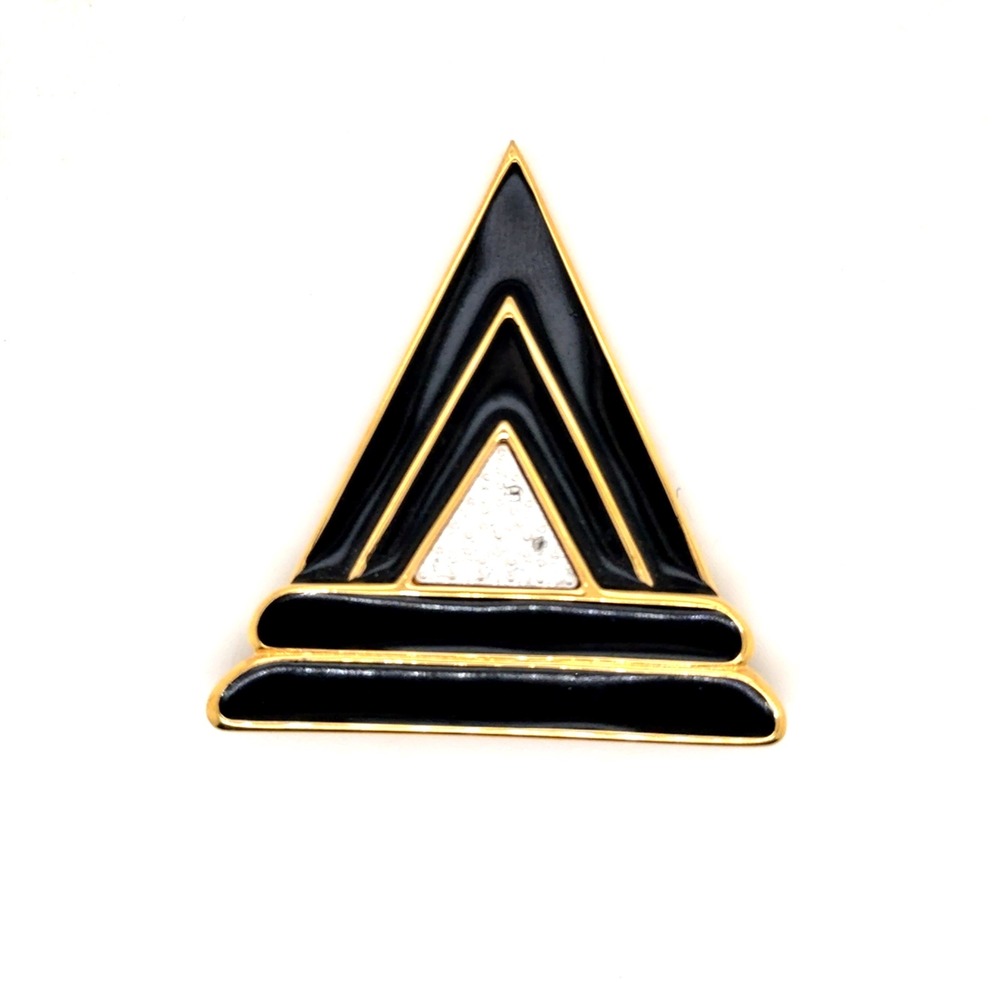 Monet Vintage Gold Tone Black Enamel Rhinestone Geometric Triangle Brooch Pin